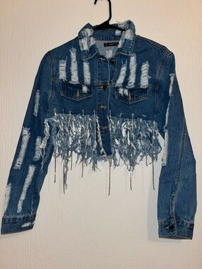 Distressed Cropped Denim Jacket with Fringe & Chain Detail